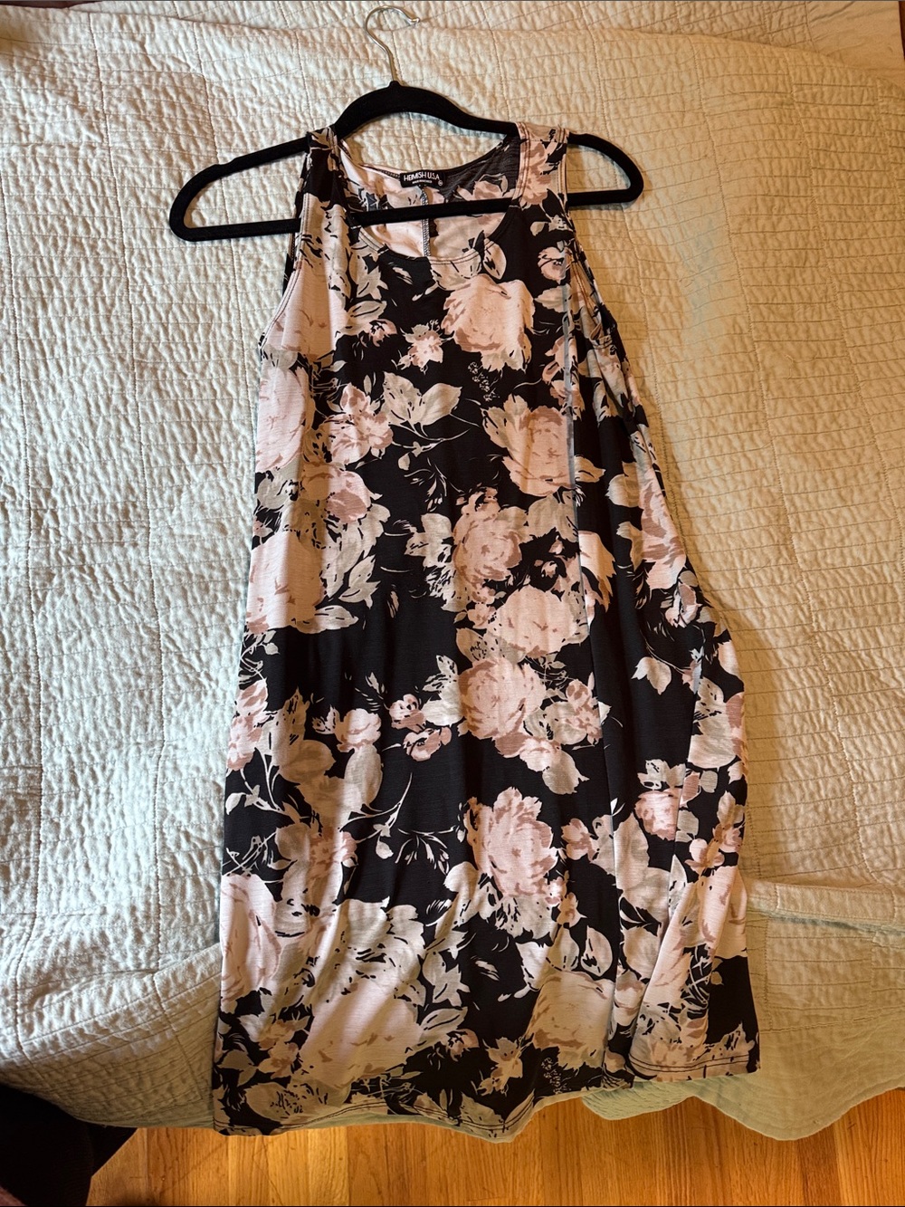 HEIMISH USA Black Floral Midi Dress with Blush Pink Flowers